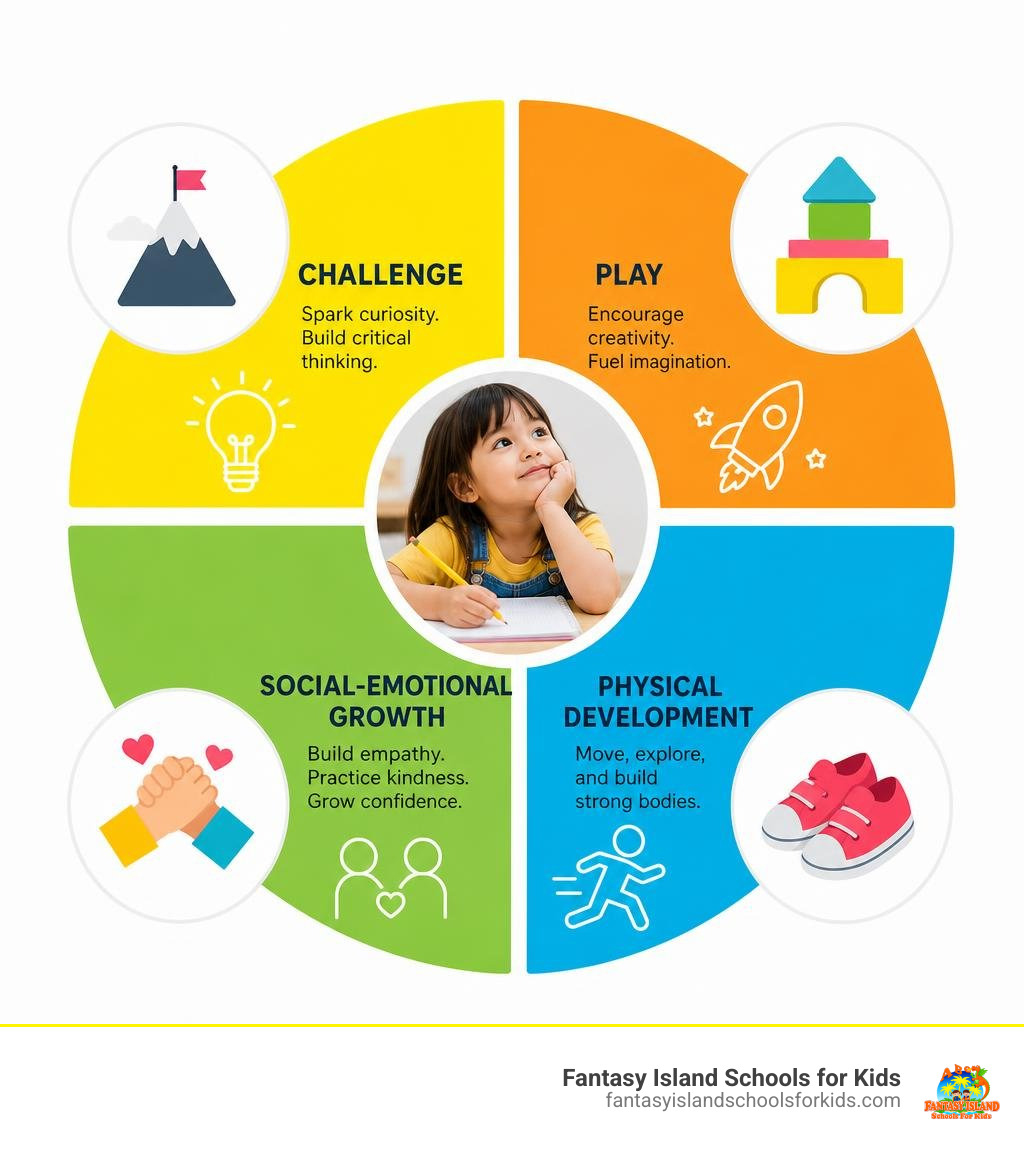 Infographic showing challenge, play, social-emotional growth, and physical development infographic