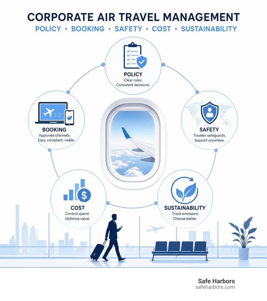 Corporate air travel management: policy, booking, safety, cost and sustainability infographic