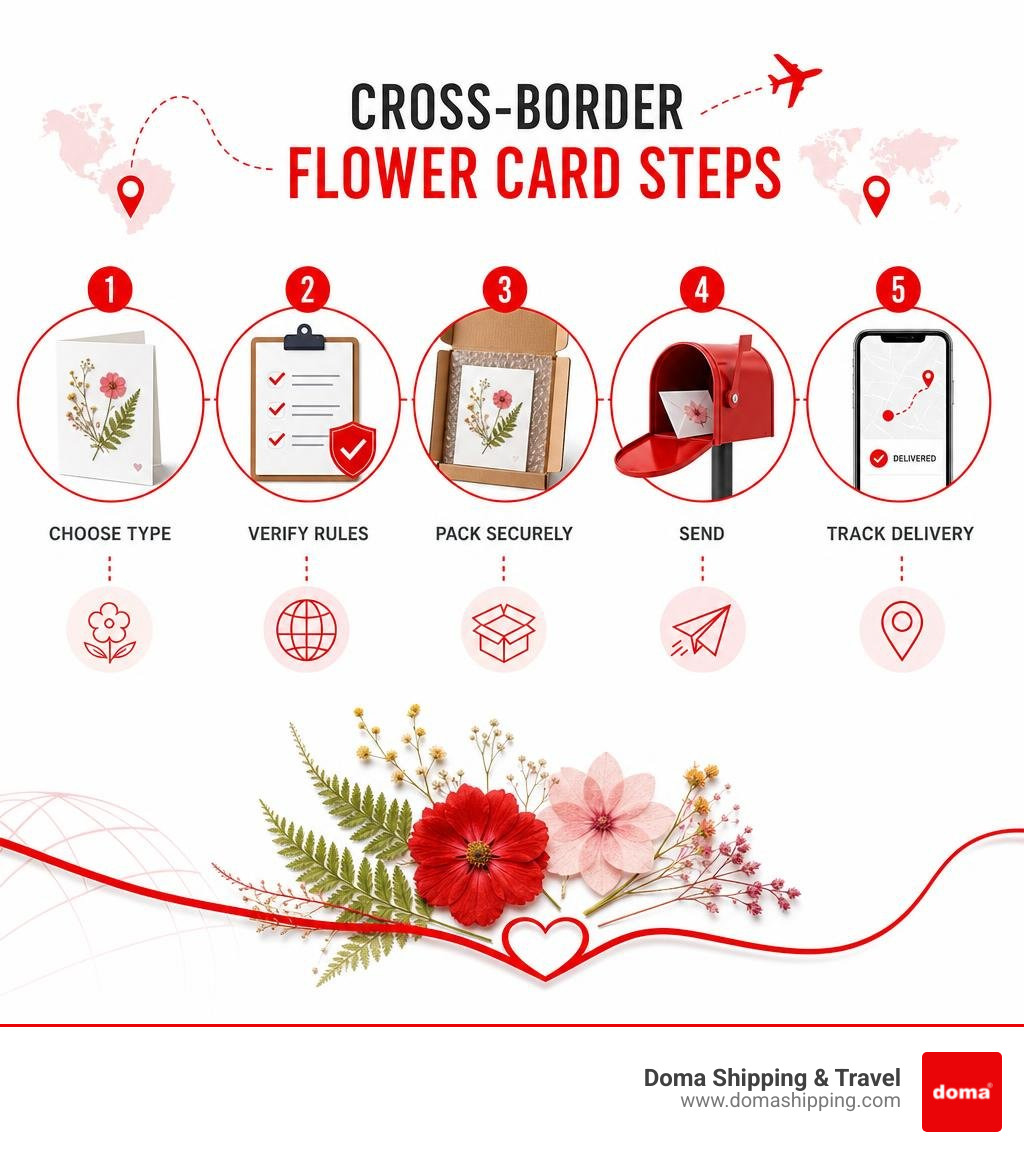 Cross-border flower card steps: choose type, verify rules, pack securely, send, track delivery infographic