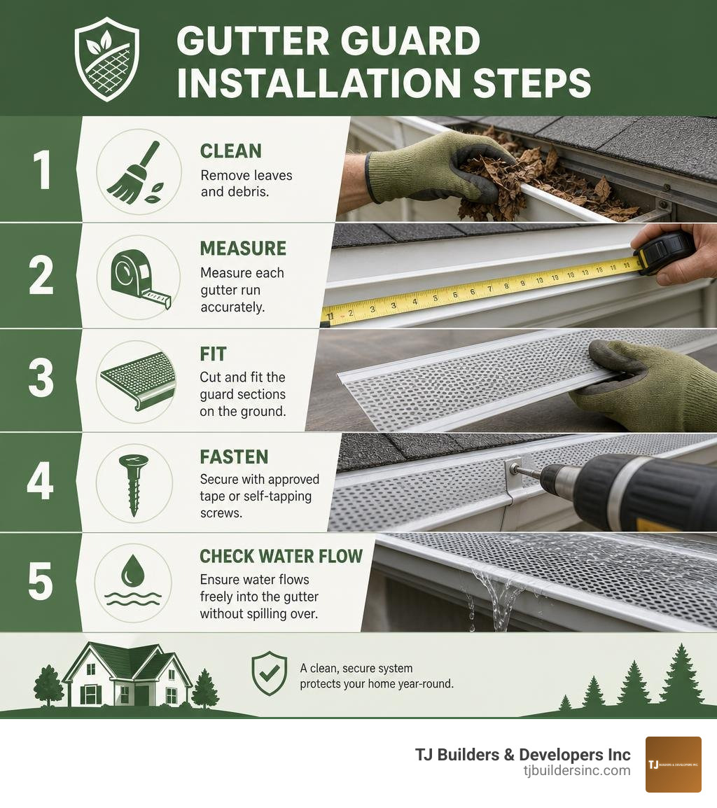 Gutter guard installation steps: clean, measure, fit, fasten, and check water flow infographic Gutter guard installation steps: clean, measure, fit, fasten, and check water flow infographic