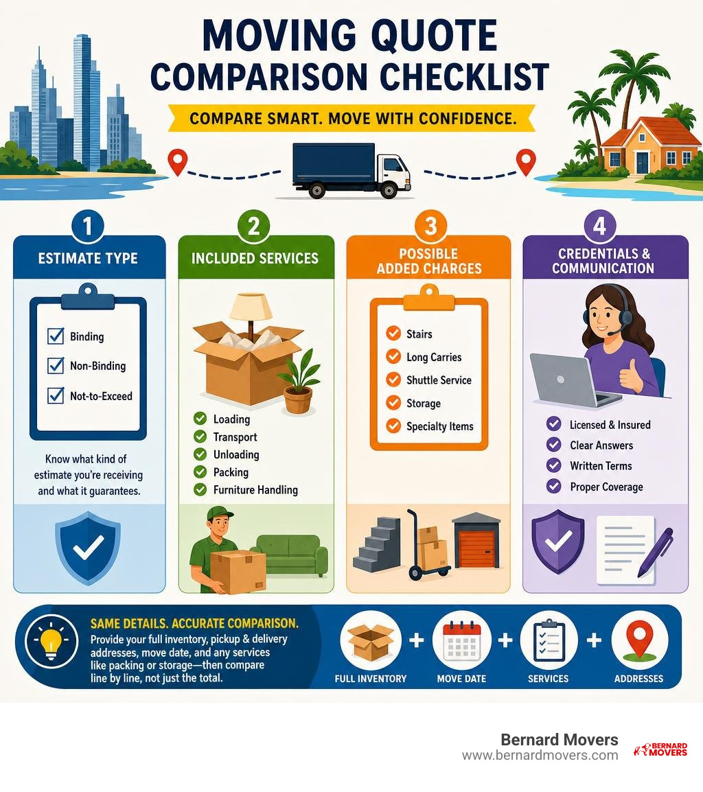Moving quote comparison checklist with inventory services fees and estimate types infographic Moving quote comparison checklist with inventory services fees and estimate types infographic