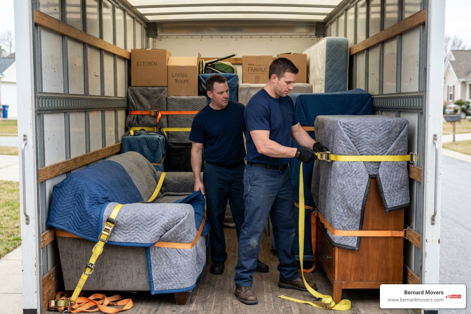 Professional movers securing cargo in transit