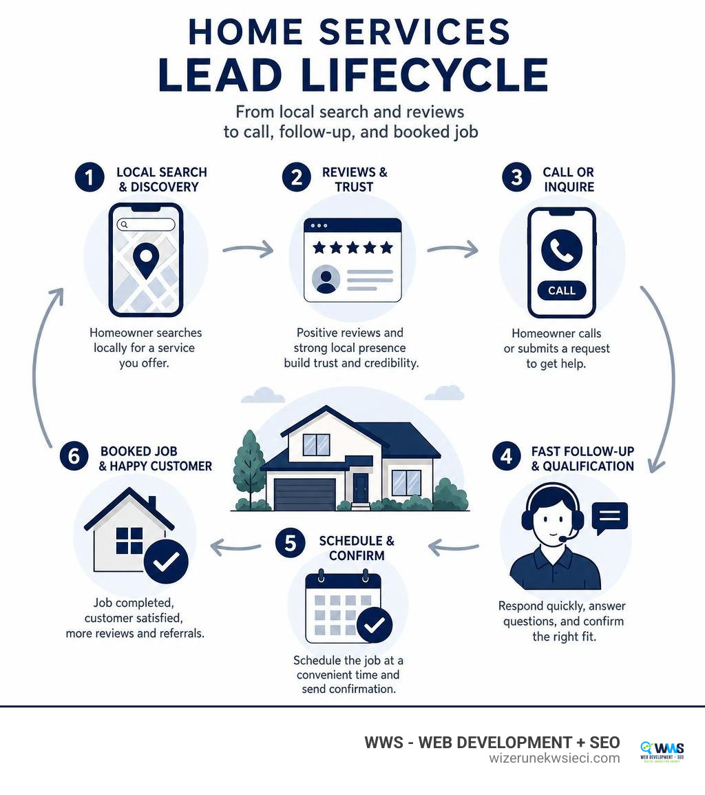 Home services lead lifecycle from local search and reviews to call, follow-up, and booked job infographic