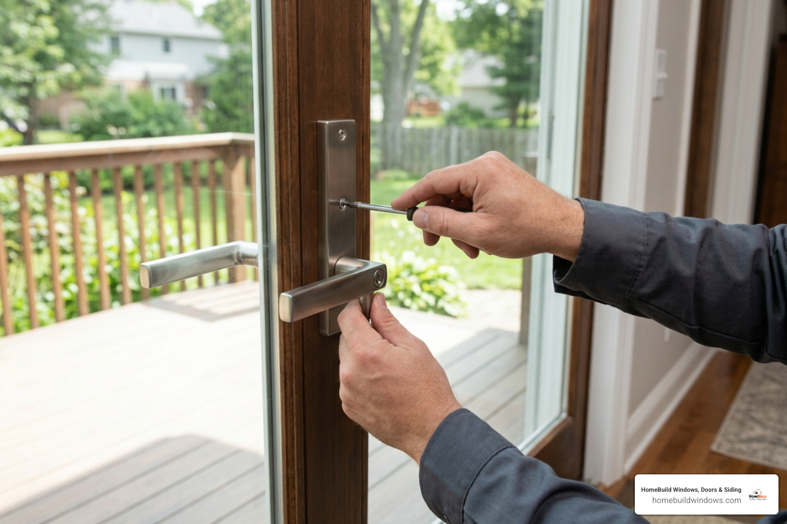 Securing interior and exterior patio door handle assemblies