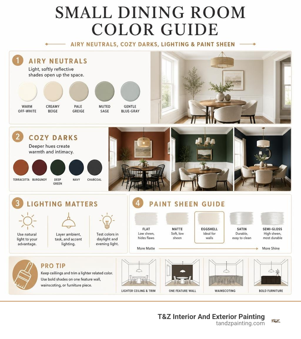 Small dining room color guide: airy neutrals, cozy darks, lighting, and paint sheen infographic