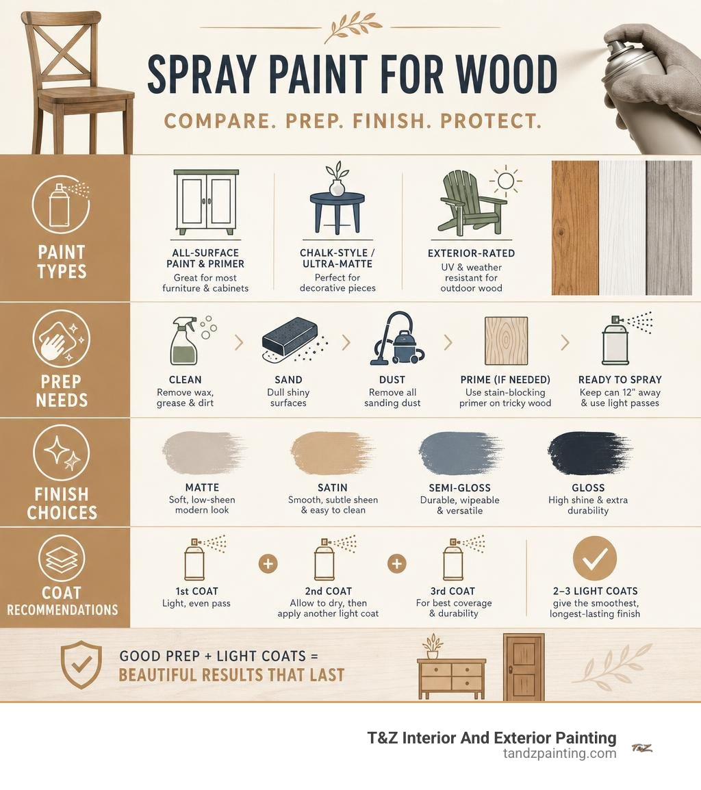 Infographic comparing wood spray paint types, prep needs, finish choices, and coat recommendations infographic