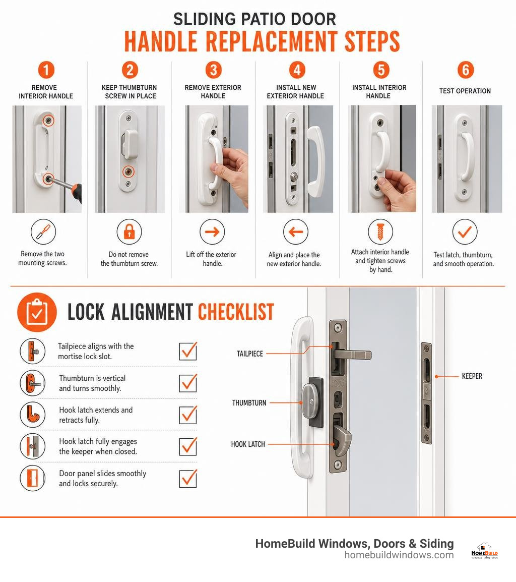 Sliding patio door handle replacement steps and lock alignment checklist infographic