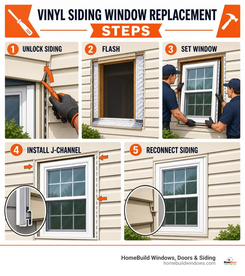 Vinyl siding window replacement steps: unlock siding, flash, set window, install J-channel, reconnect siding infographic Vinyl siding window replacement steps: unlock siding, flash, set window, install J-channel, reconnect siding infographic