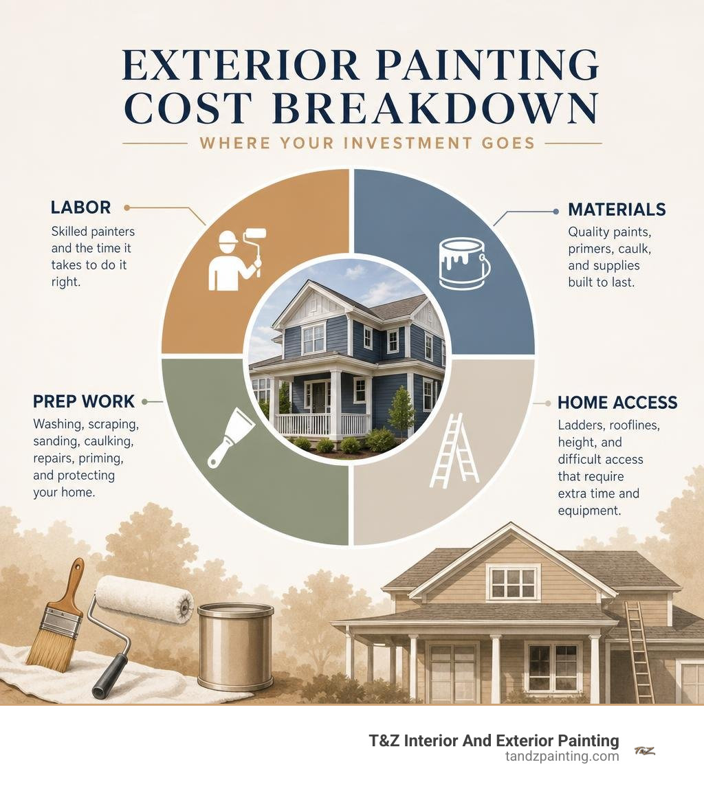 Exterior painting cost breakdown by labor materials prep and home access infographic Exterior painting cost breakdown by labor materials prep and home access infographic
