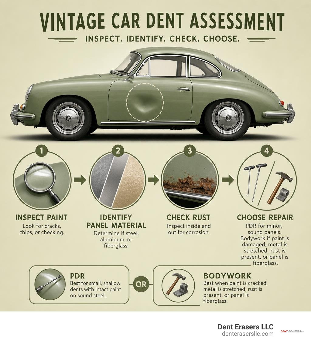 Vintage car dent assessment: inspect paint, identify panel material, check rust, choose PDR or bodywork infographic Vintage Car Dent Assessment: Inspect Paint, Identify Panel Material, Check Rust, Choose Pdr Or Bodywork Infographic