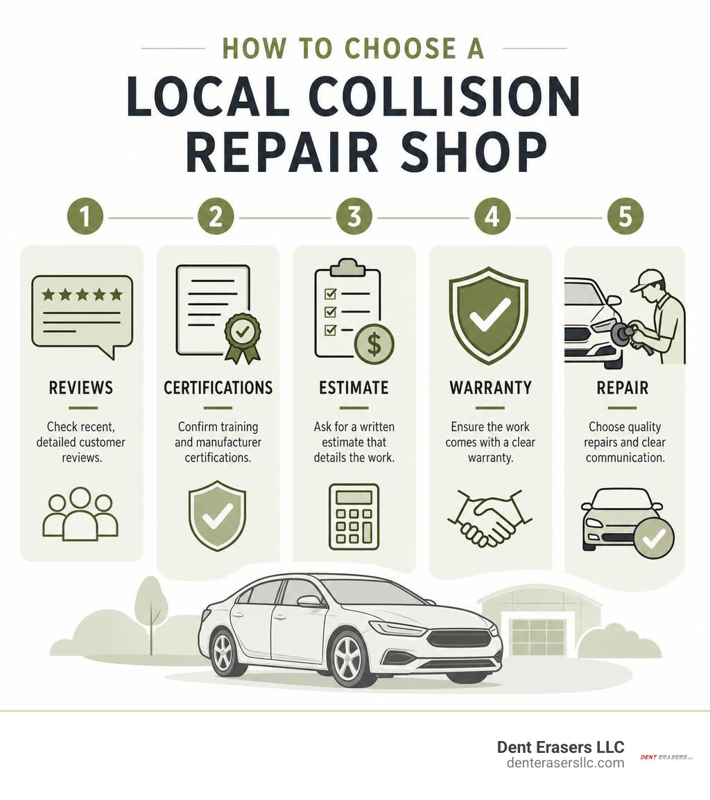 How to choose a local collision repair shop: reviews, certifications, estimate, warranty, repair infographic How To Choose A Local Collision Repair Shop: Reviews, Certifications, Estimate, Warranty, Repair Infographic