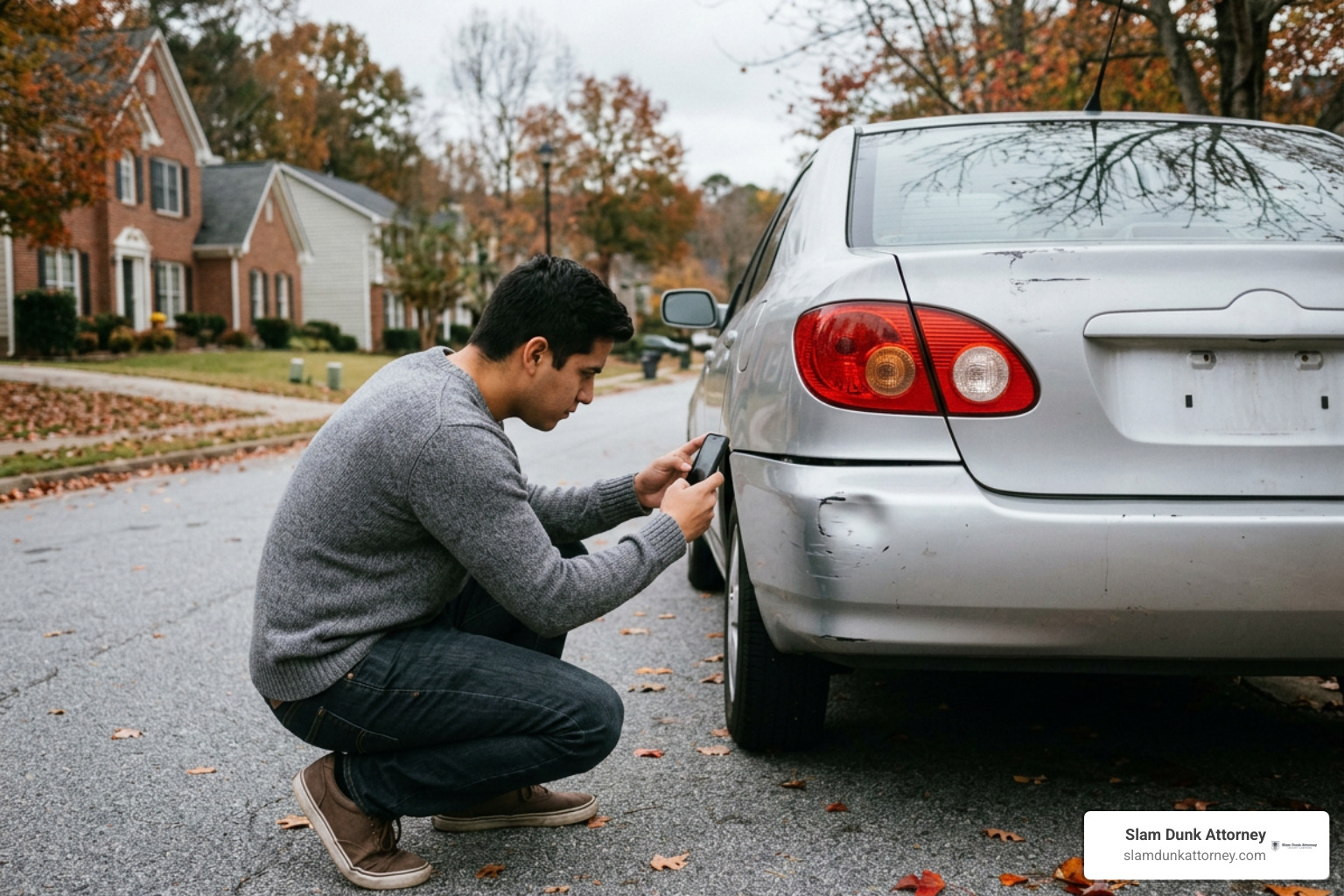 Duluth Hispanic client in casual sweater documenting car damage after crash