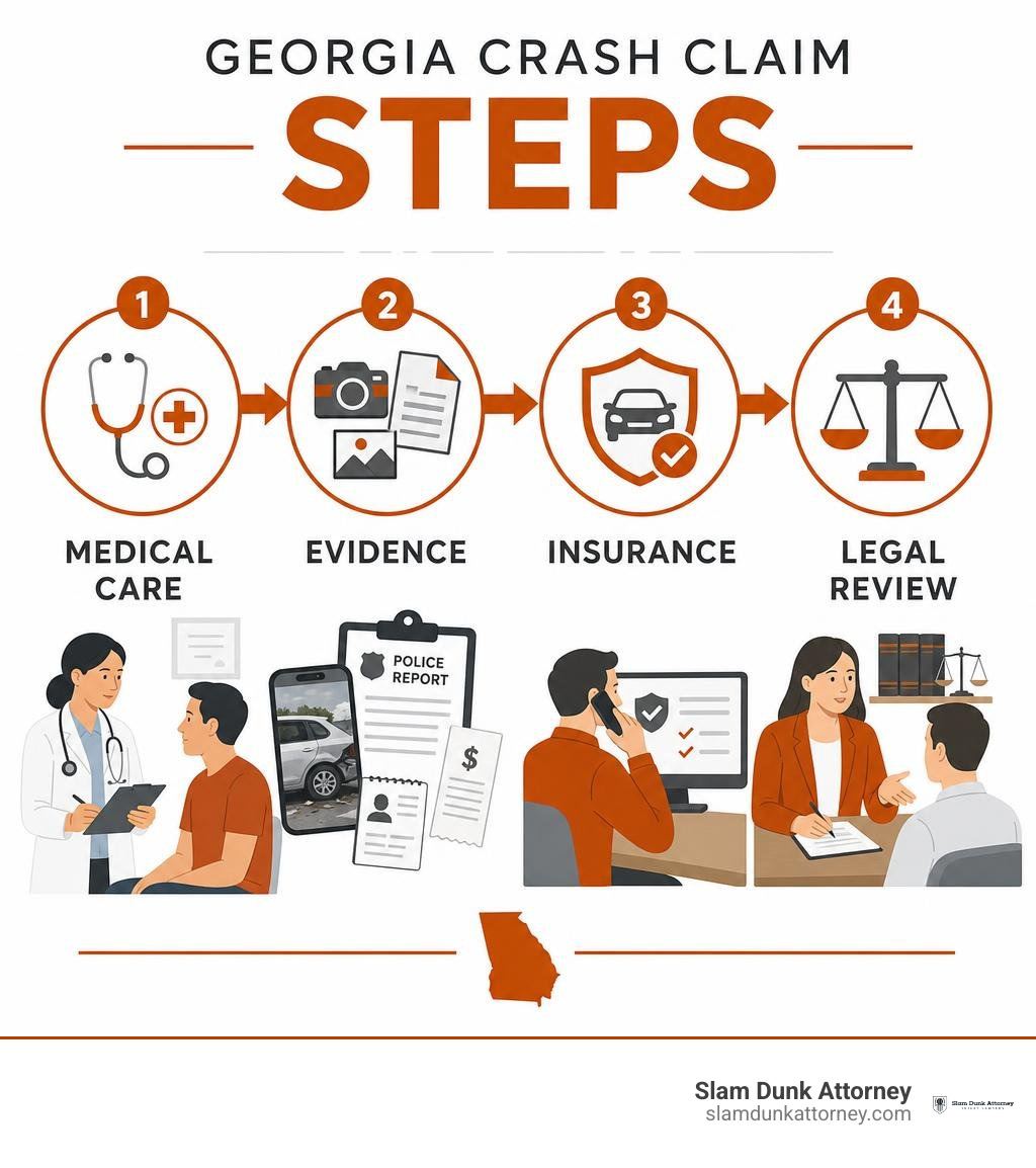 Georgia crash claim steps: medical care, evidence, insurance, legal review infographic