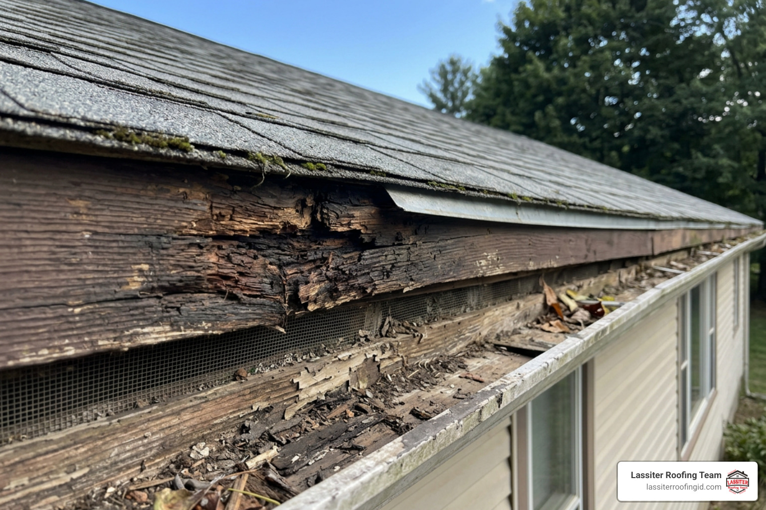 Inspecting rotted wooden fascia board and blocked soffit ventilation along a residential roof edge