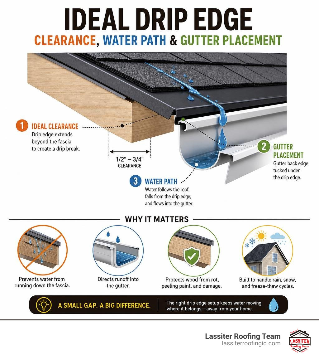 Ideal drip edge clearance, water path, and gutter placement infographic