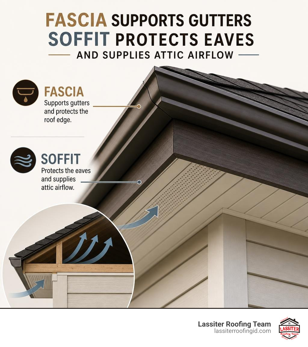 Fascia supports gutters while soffit protects eaves and supplies attic airflow infographic
