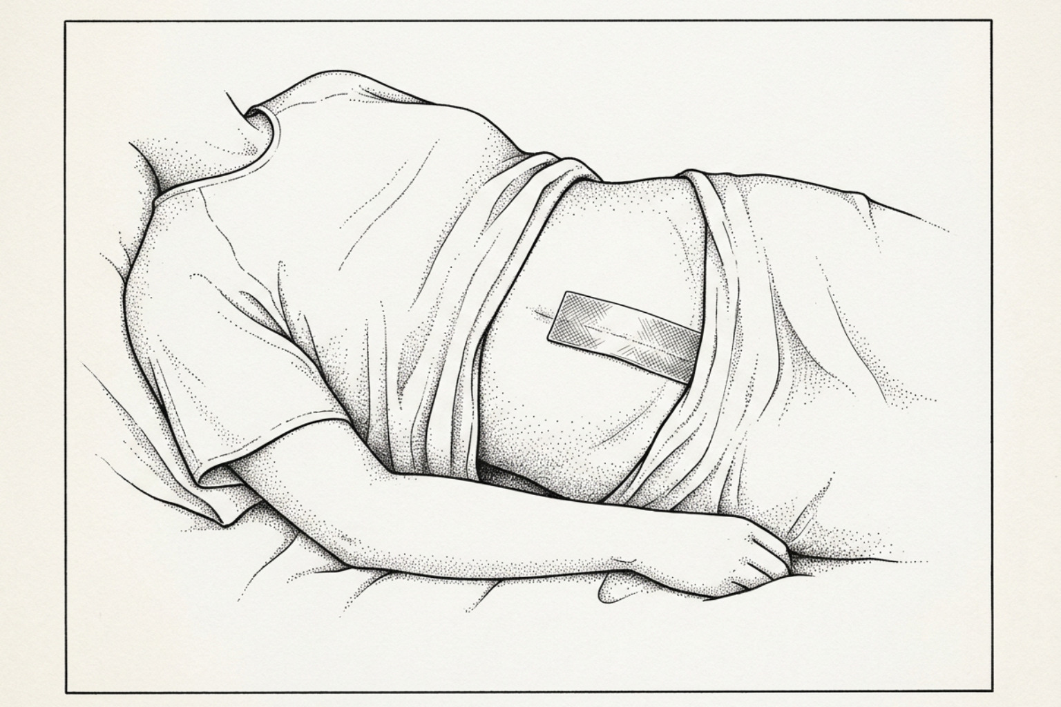 Line illustration of a silicone gel sheet placed over a healing incision on the lower abdomen of a person lying on their side
