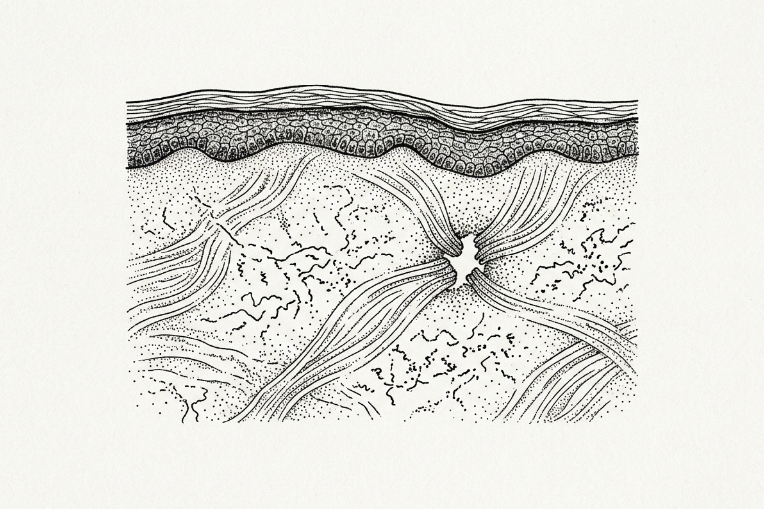 Cross-section illustration of skin layers with collagen fibers pulled apart around a tear in the dermis