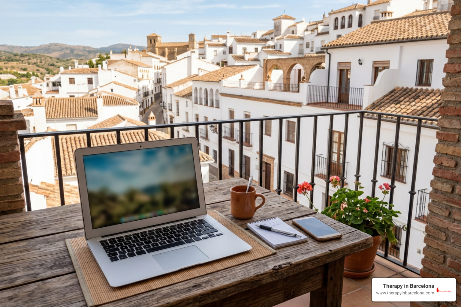 A laptop setup with a view of Andalusian architecture A laptop setup with a view of Andalusian architecture
