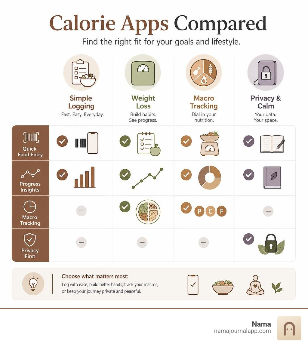 Infographic comparing calorie apps by simple logging, weight loss, macro tracking, and privacy infographic Infographic comparing calorie apps by simple logging, weight loss, macro tracking, and privacy infographic