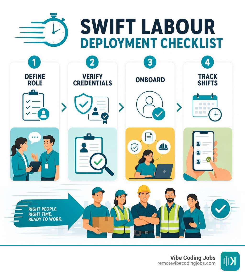 Swift labour deployment checklist: define role, verify credentials, onboard, track shifts infographic