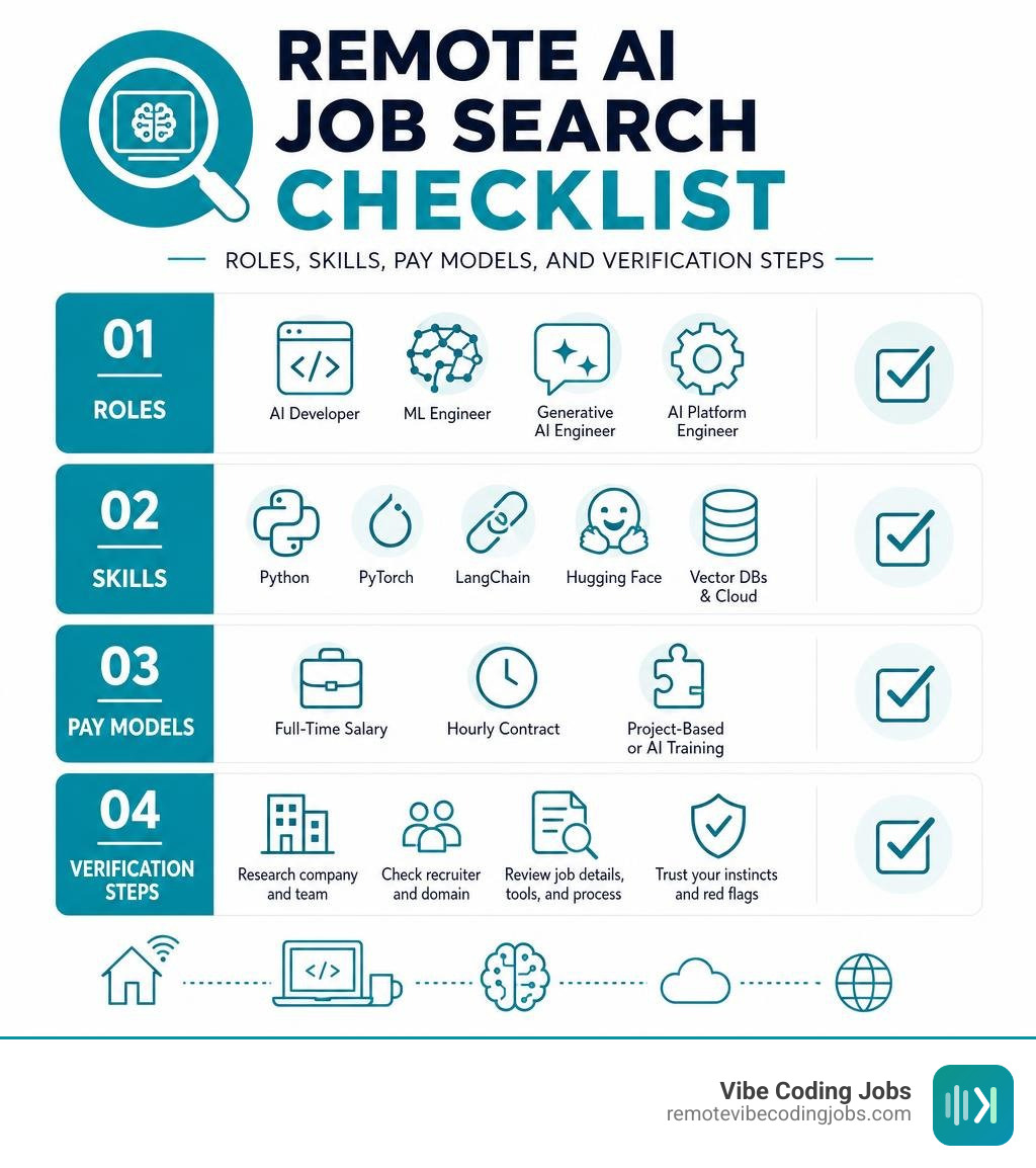 Remote AI job search checklist: roles, skills, pay models, and verification steps infographic Remote AI job search checklist: roles, skills, pay models, and verification steps infographic