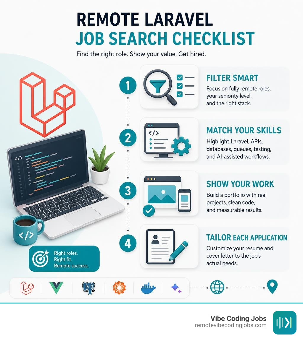 Remote Laravel job search checklist: filters, skills, portfolio, tailored application infographic