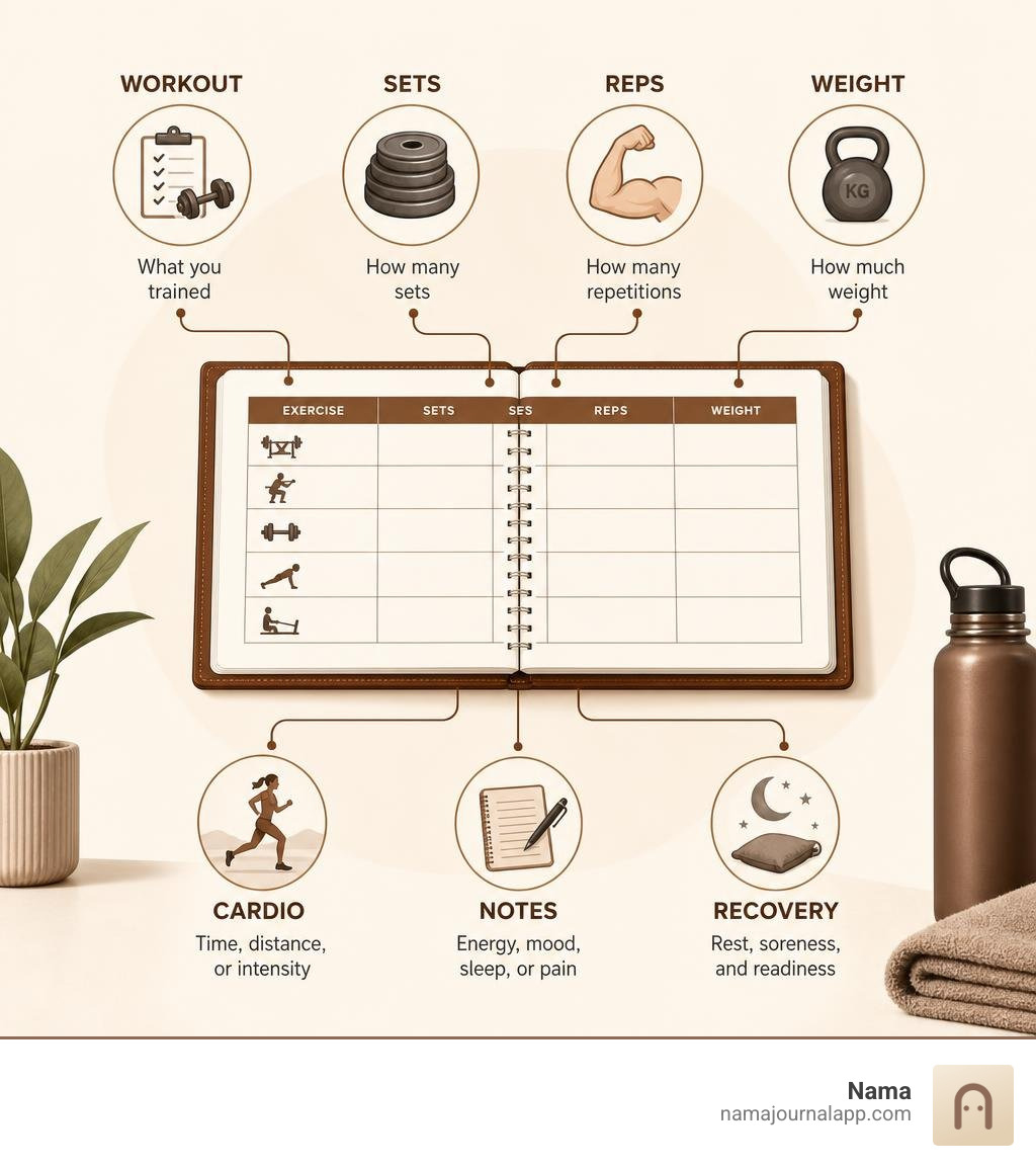 Infographic showing exercise log fields: workout, sets, reps, weight, cardio, notes, recovery infographic Infographic showing exercise log fields: workout, sets, reps, weight, cardio, notes, recovery infographic