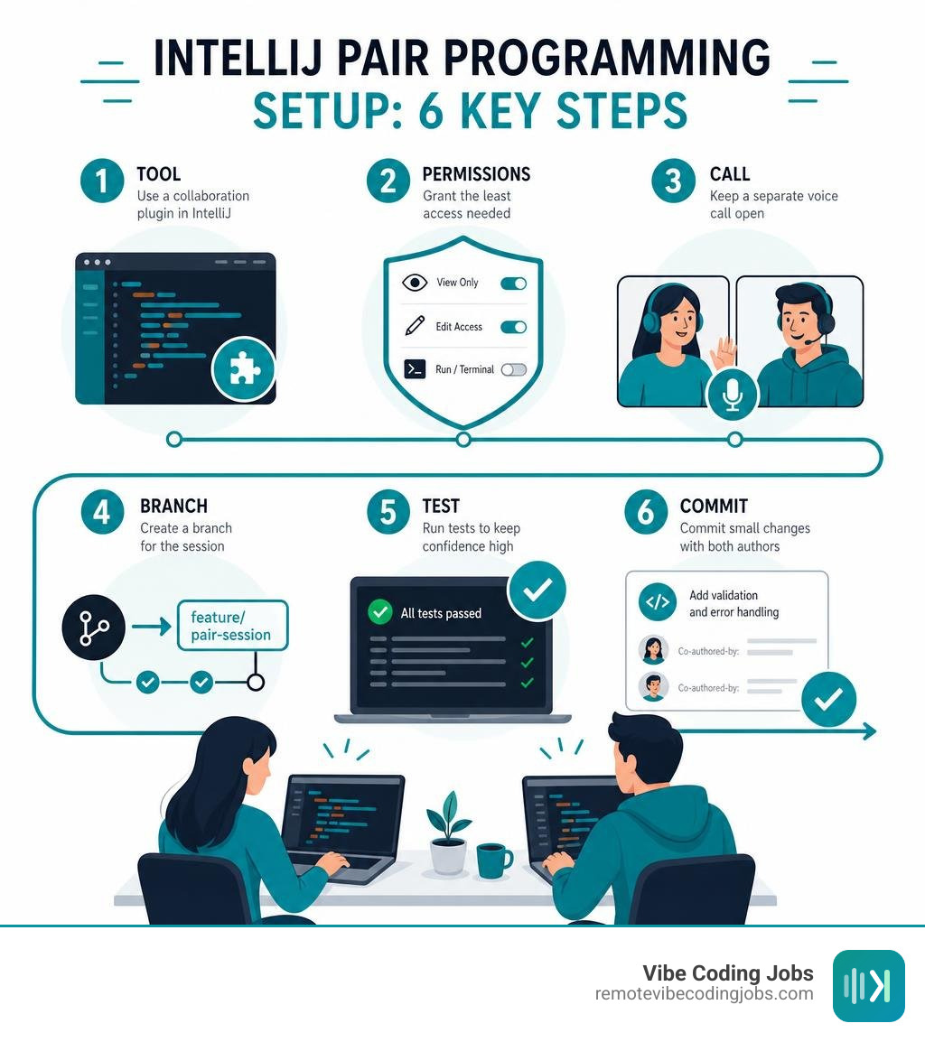 Infographic showing IntelliJ pair programming setup: tool, permissions, call, branch, test, commit infographic