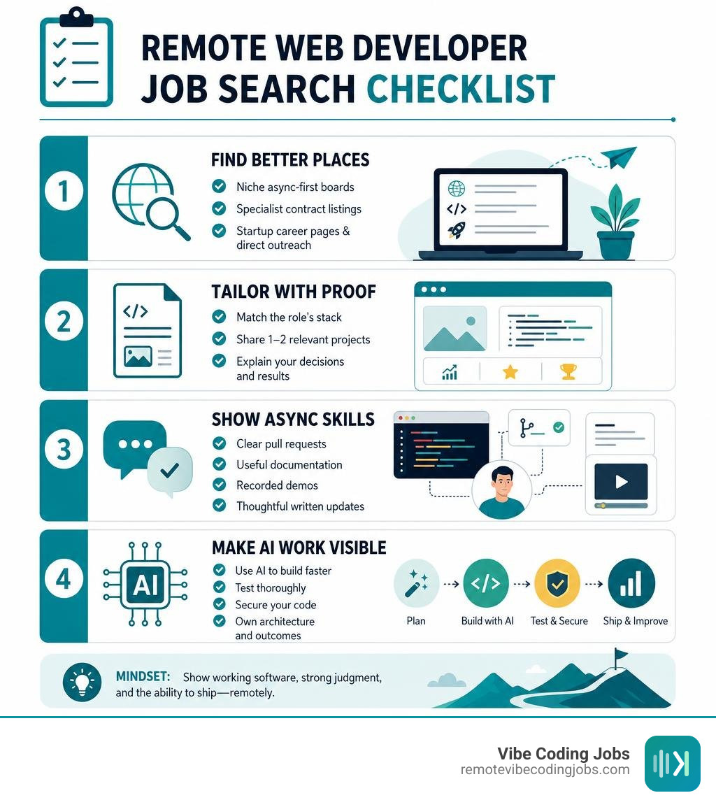 Remote web developer job search checklist: niche boards, tailored proof, async skills, AI workflow infographic