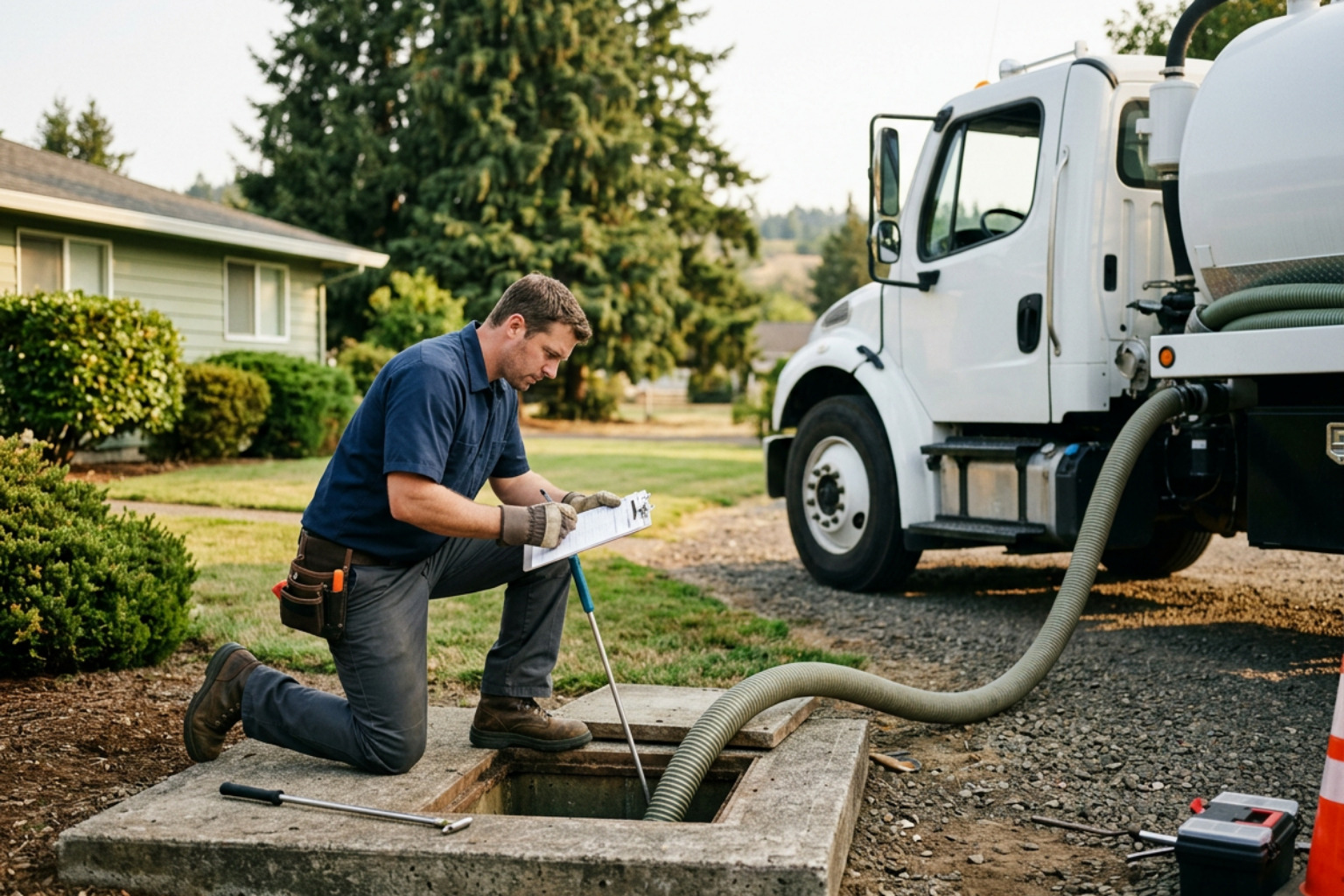 technician conducting a septic tank inspection and pumping process