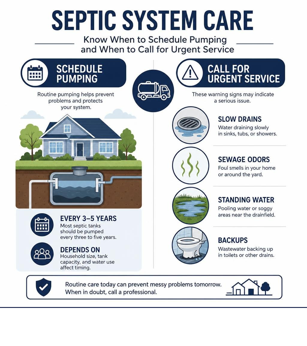 Infographic showing when to schedule septic pumping and when to call for urgent service infographic