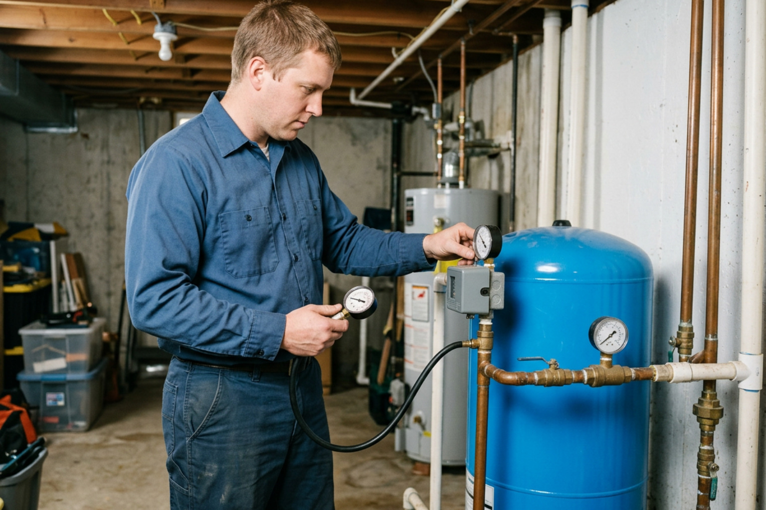 Technician testing water pressure tank and switch