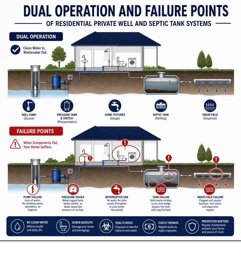 Dual operation and failure points of residential private well and septic tank systems infographic