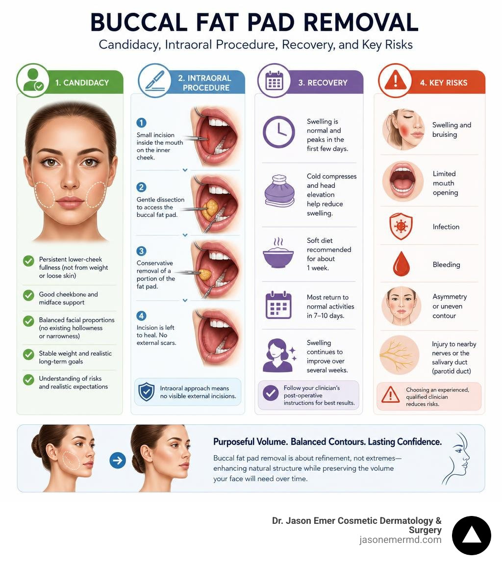 Buccal fat pad removal: candidacy, intraoral procedure, recovery, and key risks infographic