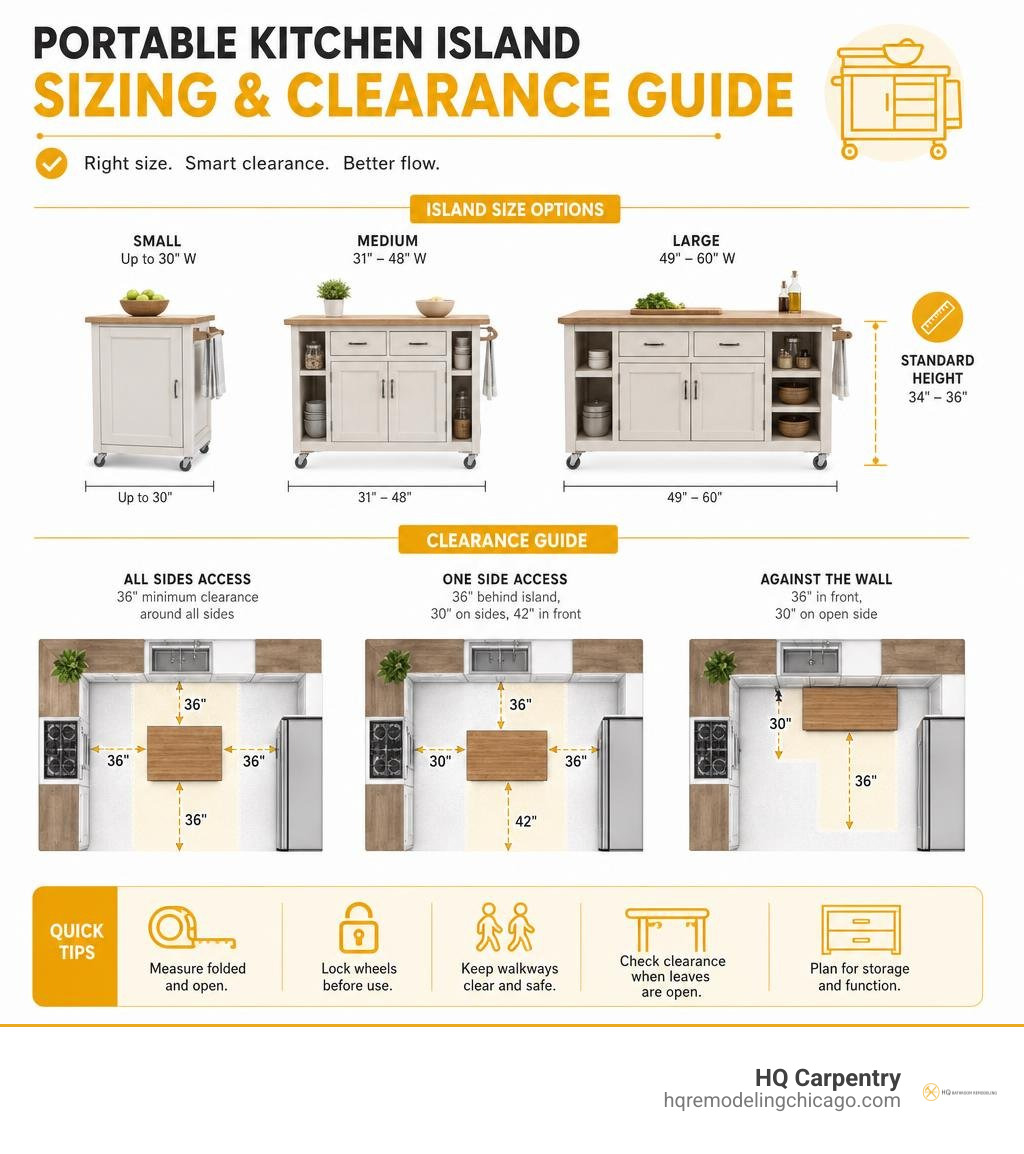 Portable kitchen island sizing and clearance guide infographic