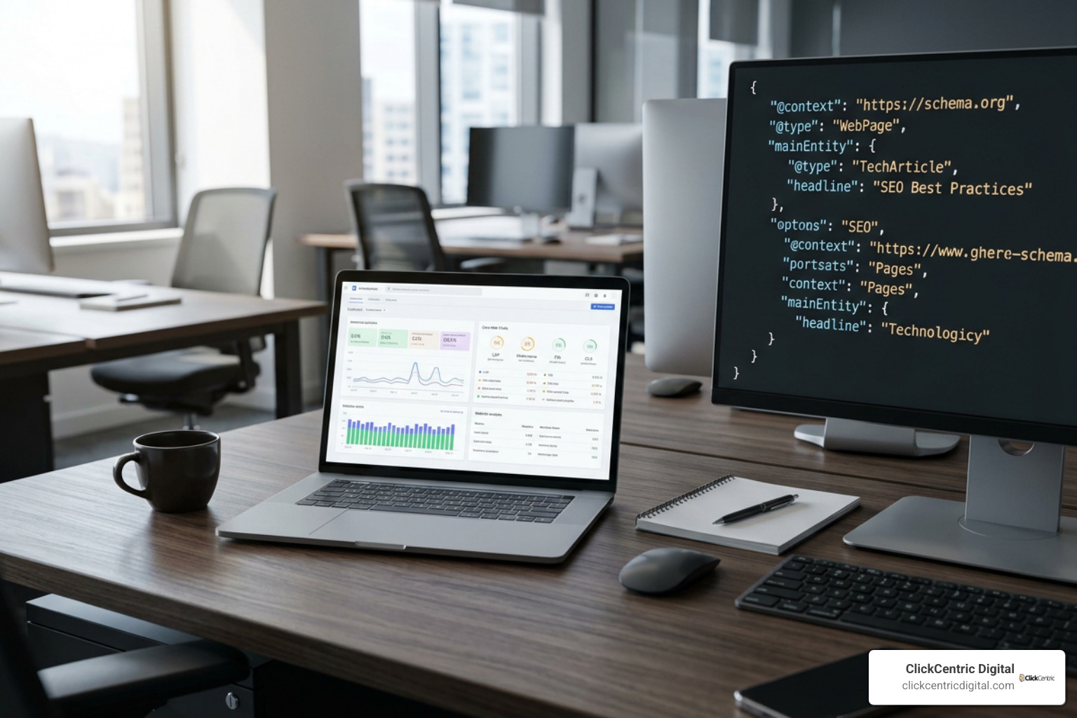 technical SEO audit dashboard and structured schema code