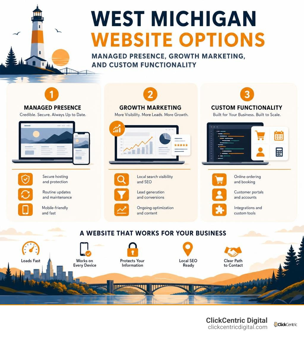 West Michigan website options: managed presence, growth marketing, and custom functionality infographic