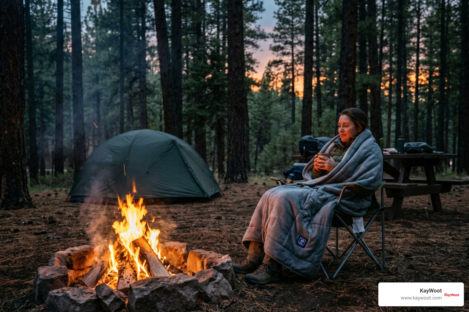 cordless battery heated blanket used around an outdoor campfire cordless battery heated blanket used around an outdoor campfire