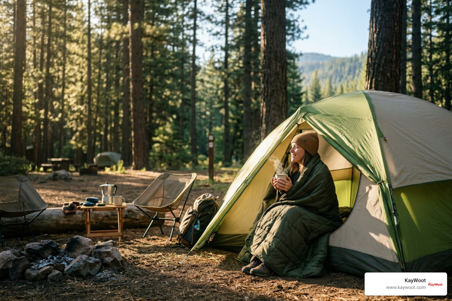 peaceful morning campsite with camper enjoying a warm blanket peaceful morning campsite with camper enjoying a warm blanket