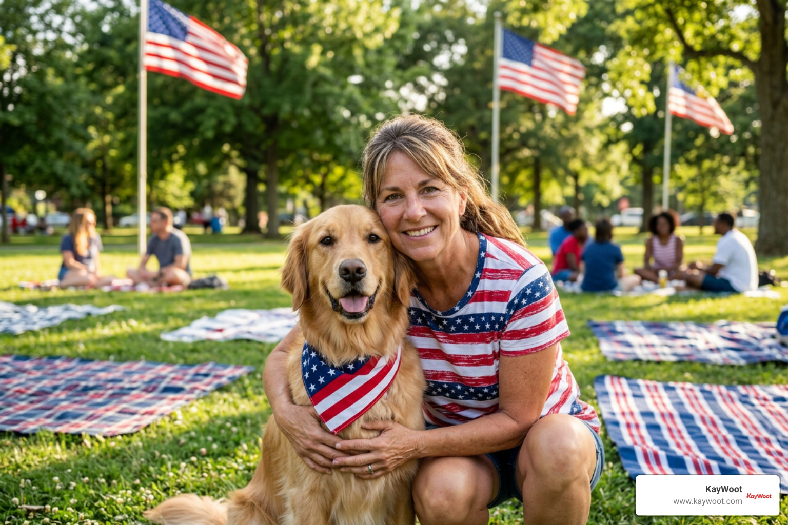 dog and pet owner posing together in matching red white and blue apparel at a park dog and pet owner posing together in matching red white and blue apparel at a park