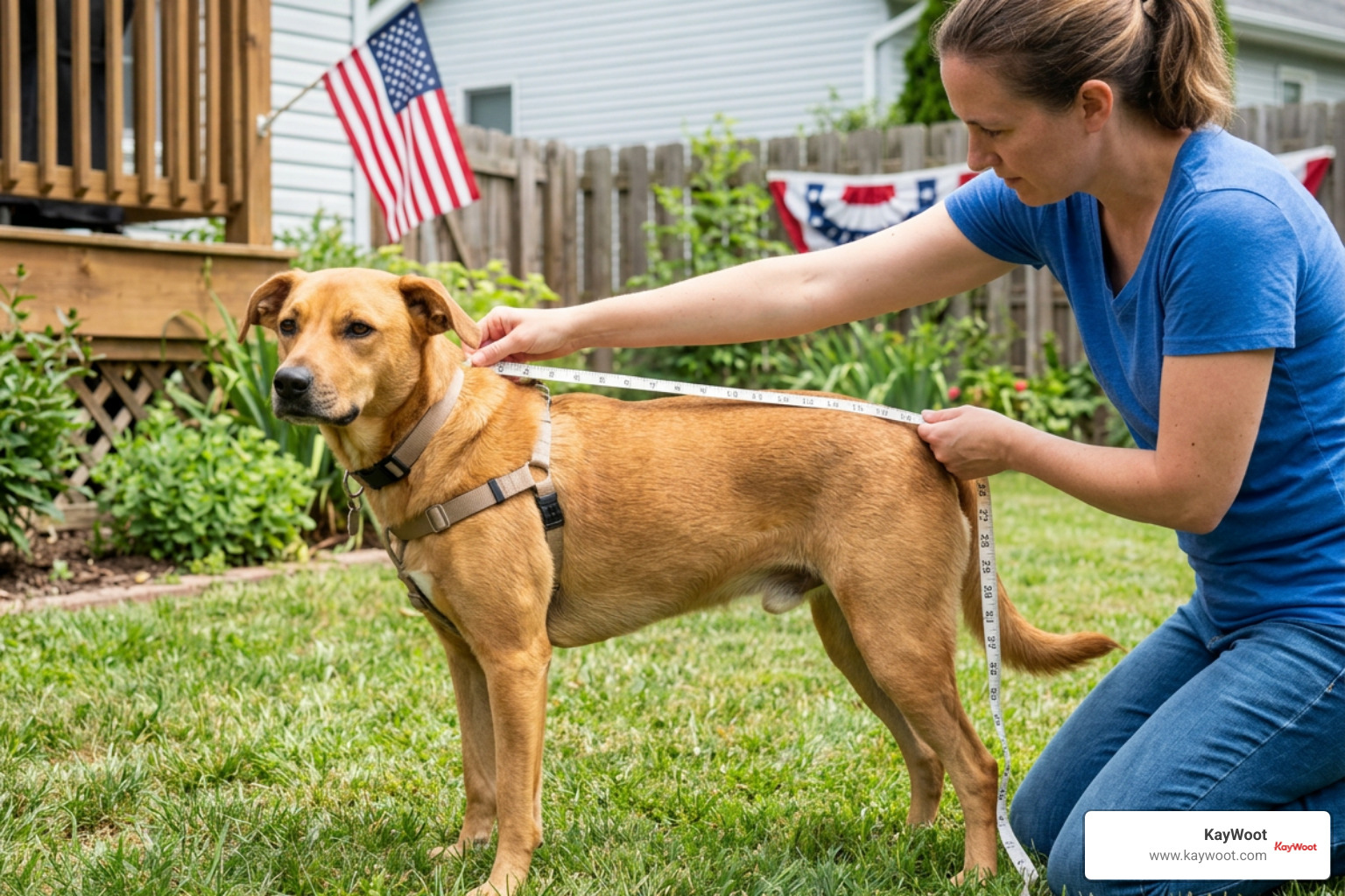 person measuring a dog with a flexible tape measure across chest and back person measuring a dog with a flexible tape measure across chest and back