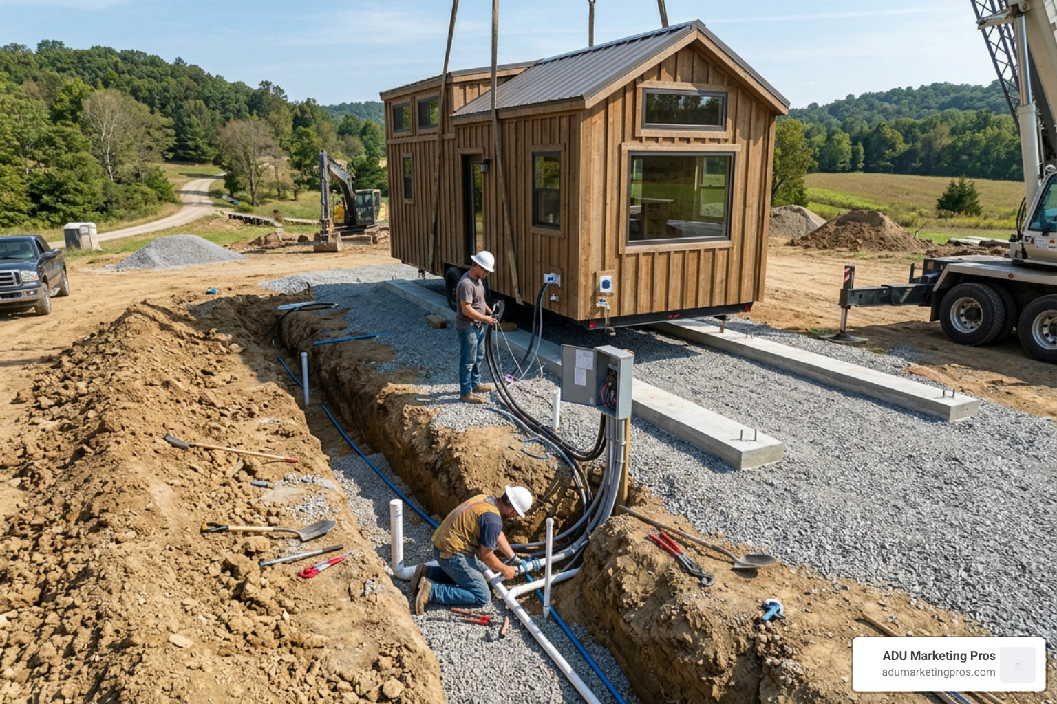 Site preparation and utility hookups for tiny home installation