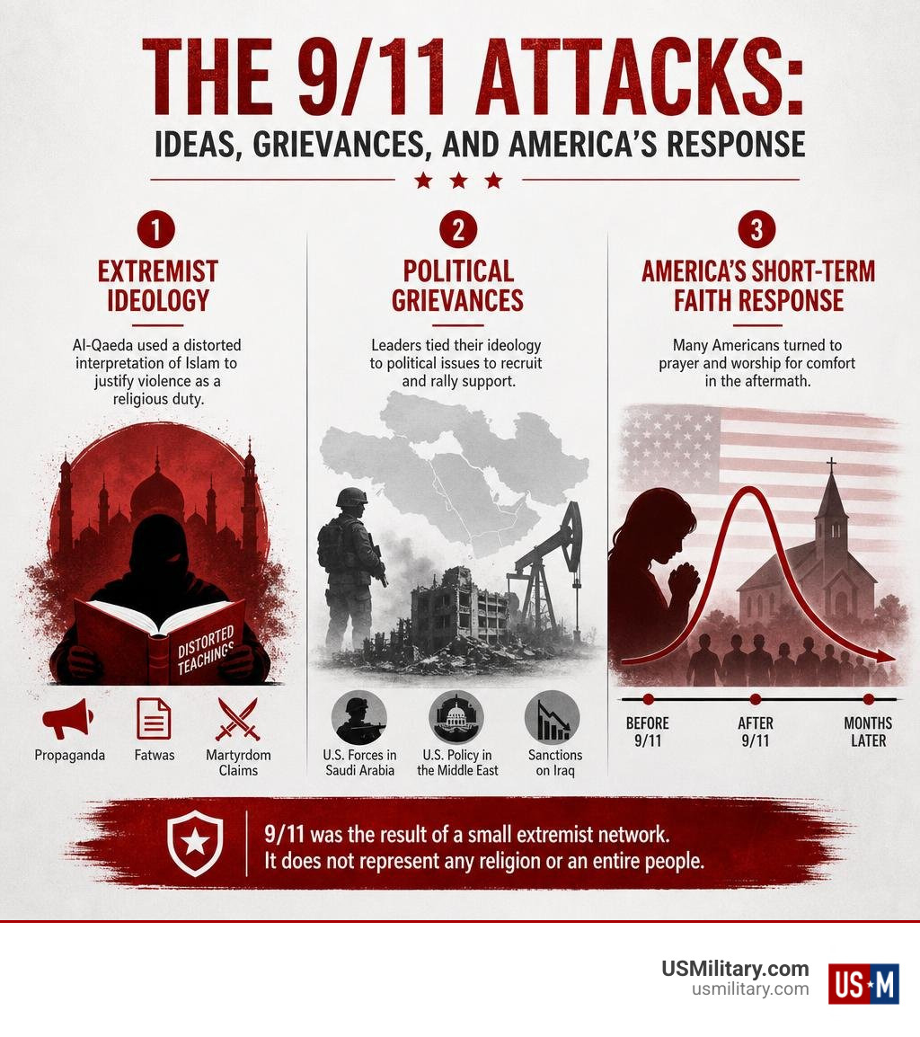 Infographic showing extremist ideology, political grievances, and America's short-term faith response infographic