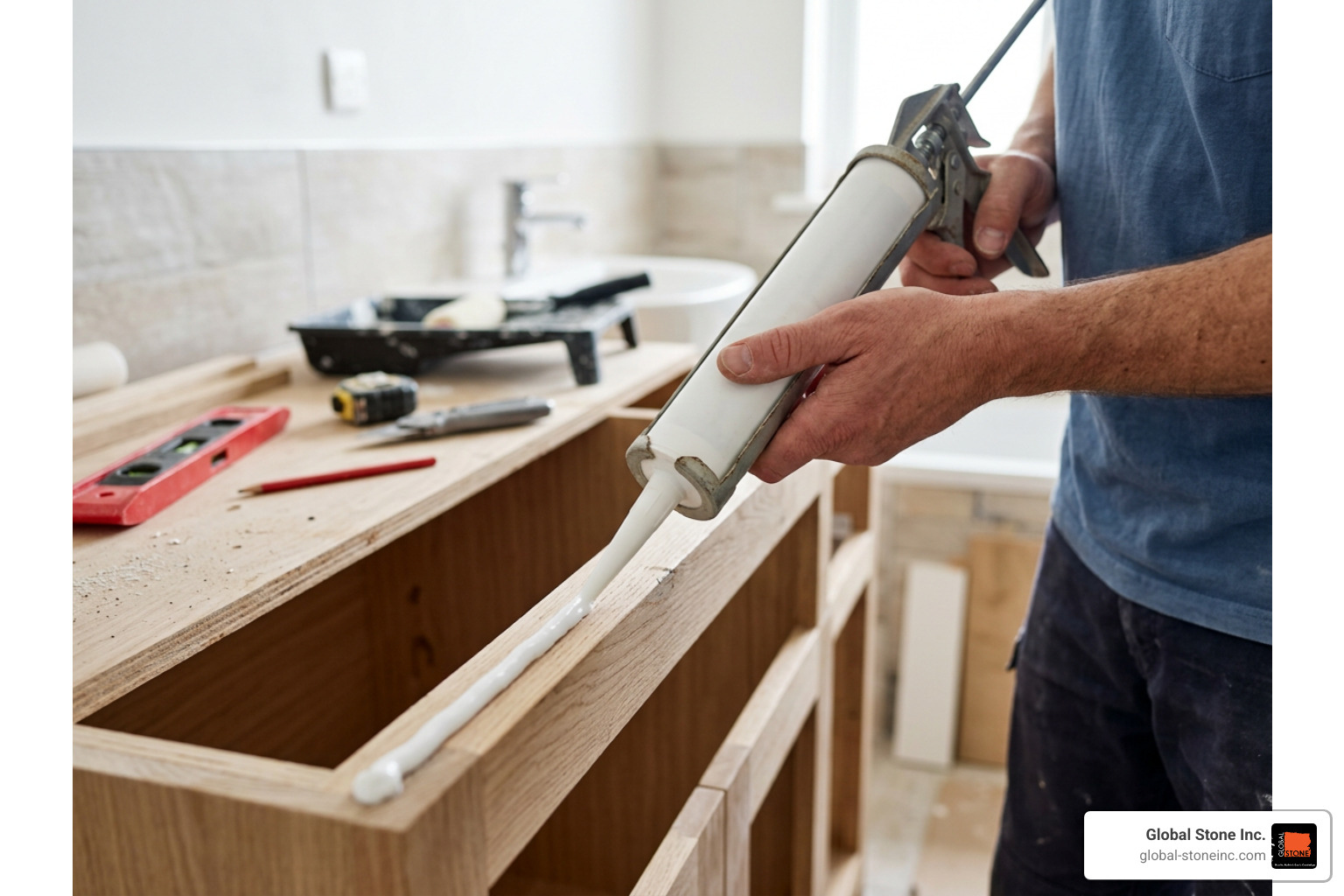applying 100 percent silicone adhesive bead along vanity cabinet rails