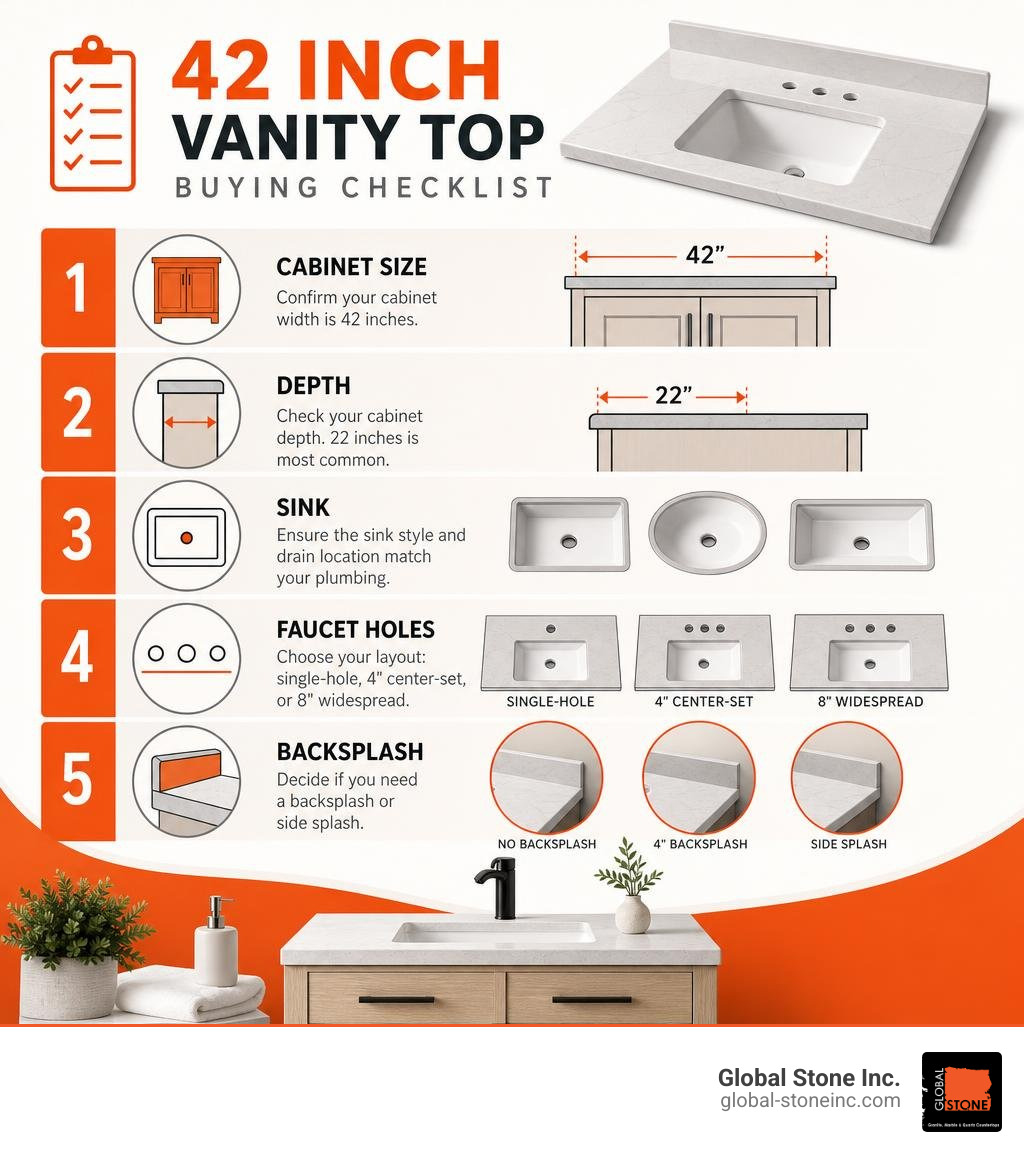 42 inch vanity top buying checklist: cabinet size, depth, sink, faucet holes, backsplash infographic