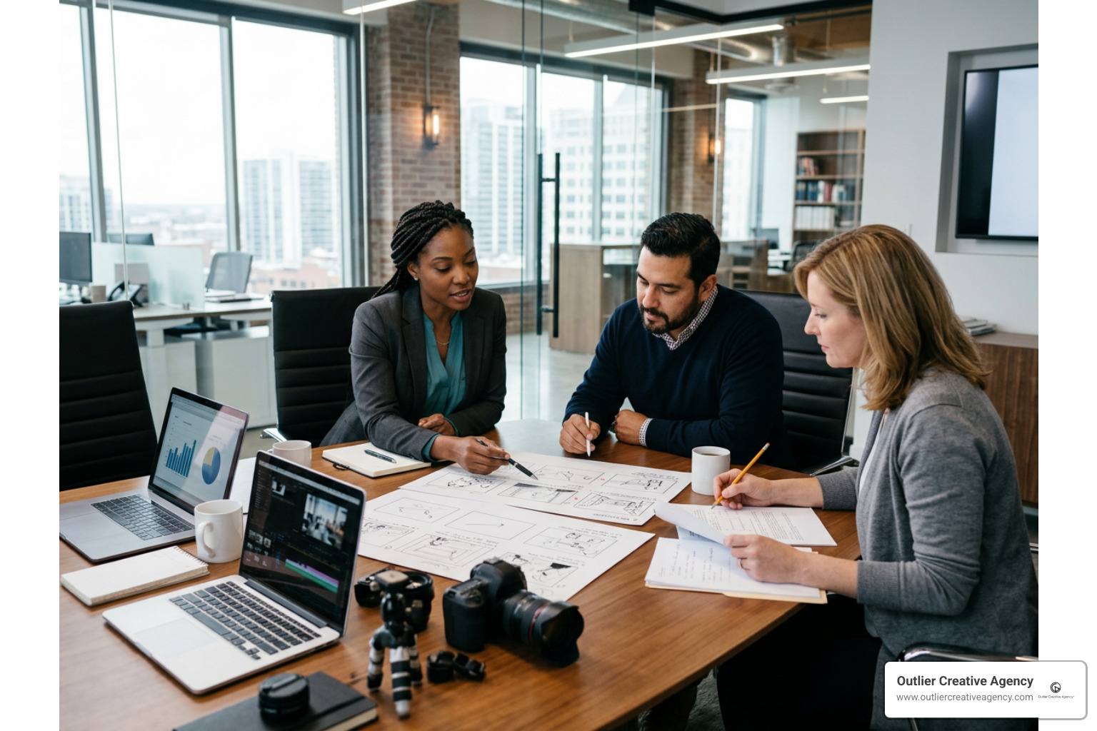 Legal marketing team reviewing creative video storyboards