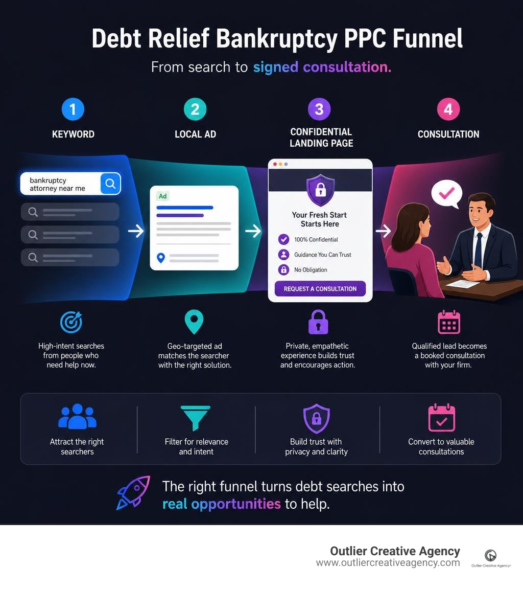 Debt relief bankruptcy PPC funnel: keyword, local ad, confidential landing page, consultation infographic