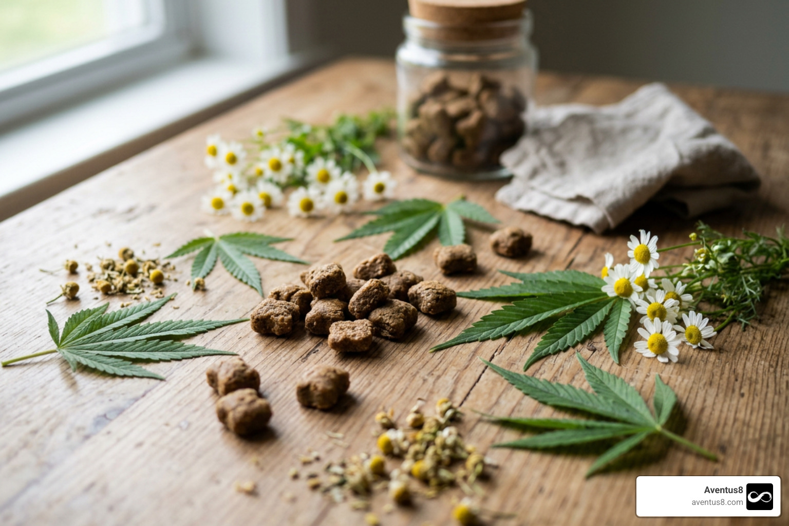 Botanical and hemp dog treats on a wooden table
