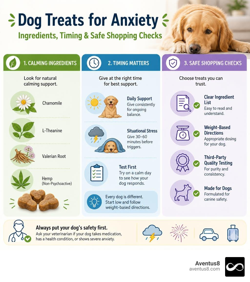 Infographic comparing calming treat ingredients, timing, and safe shopping checks infographic